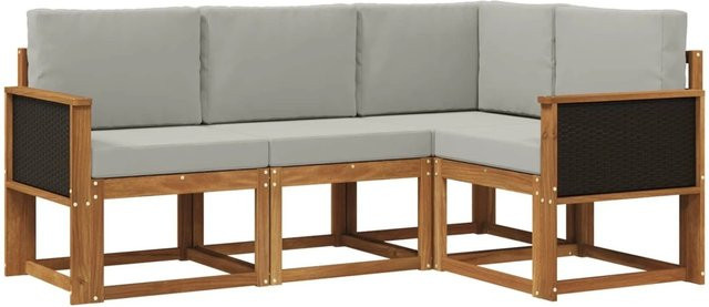 vidaXL Outdoor-Sofagarnitur in L-Form aus Massivholz-Akazie und grauem Polyester mit Sitzkissen und Rückenkissen - Bild 1