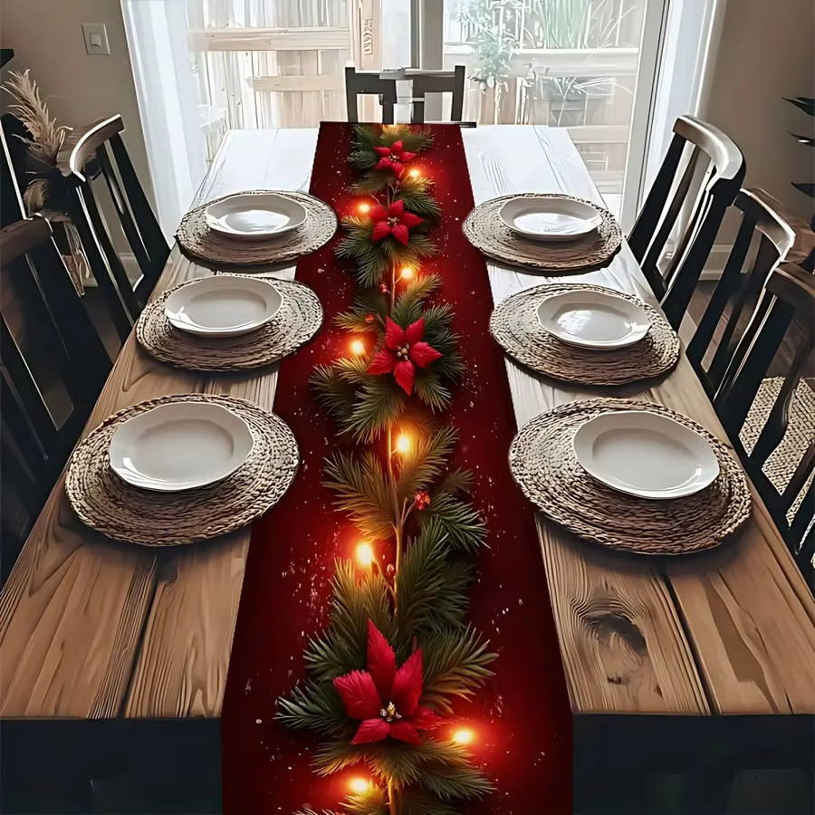 VIKAMA Weihnachts-Tischläufer aus Leinen mit rotem Blumenmuster, Farbe: Rot, B/T: 90 x 33 cm - Bild 2