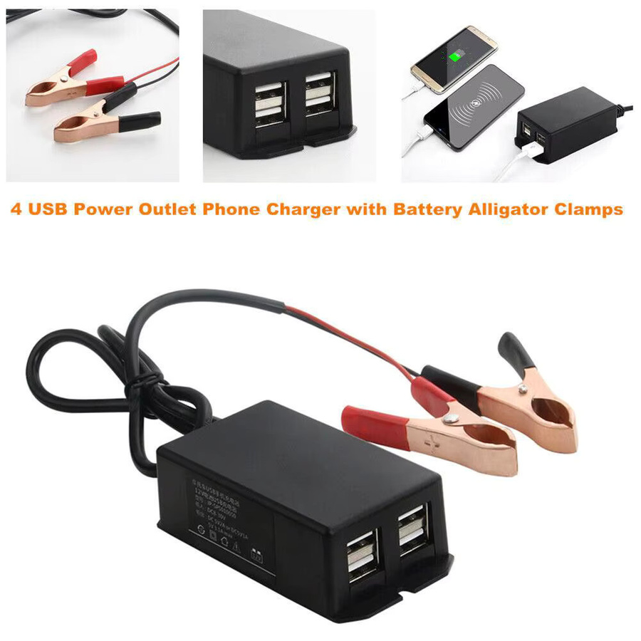 USB Hub Ladestation für Auto und Motorrad mit 4 USB-Ports und Batterieclip, DC Konverter Netzteil für 12V 24V, Schwarz - Bild 4