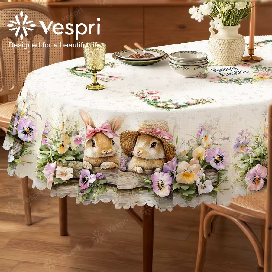Vespri Oster-Tischdecke aus Polyester in Weiß-Lila mit Blumen- und Hasenmuster für Party und Festlichkeiten, Rund - Bild 2