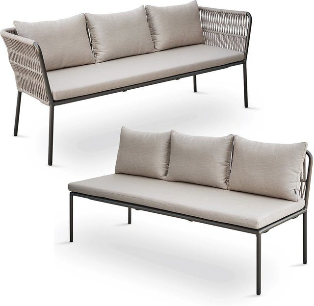 Stern Dining Bank-Set Marla 3-Sitzer aus Aluminium in Anthrazit mit Kordel-Design und graubraunen Polyacryl-Kissen - Bild 1