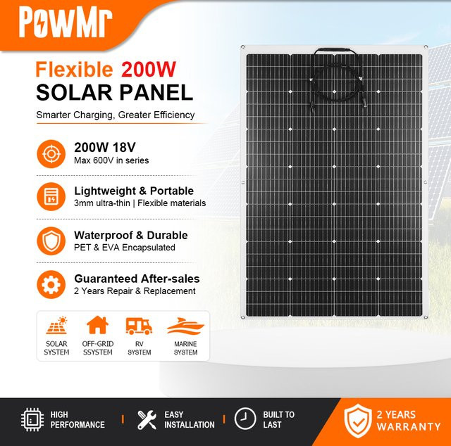 PowMr 200W Flexibles Monokristallines Solarpanel in Schwarz, Wasserdichtes Solar Ladegerät für Wohnmobil, Boot und Camping - Bild 1