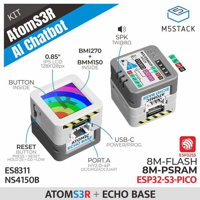 M5Stack AtomS3R AI Chatbot Sprachassistent-Entwicklungskit in Weiß mit ESP32-S3, 8MB PSRAM, Mikrofon, Lautsprecher und 9-Achsen-IMU für OpenAI - Bild 1