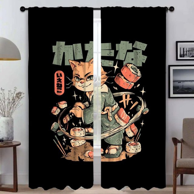 Sushi Katze Verdunkelungsvorhang für Schlafzimmer und Zimmer, 2 Paneele, Schwarz, Breite: 50 cm, Höhe: 70 cm - Bild 1
