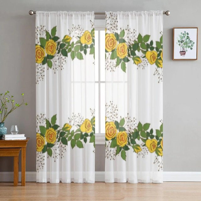 Transparenter Voile-Vorhang von A Family Of Home Textiles mit gelben Rosen-Dekor in Weiß und Gelb, Breite: 135 cm, Höhe: 114 cm - Bild 1