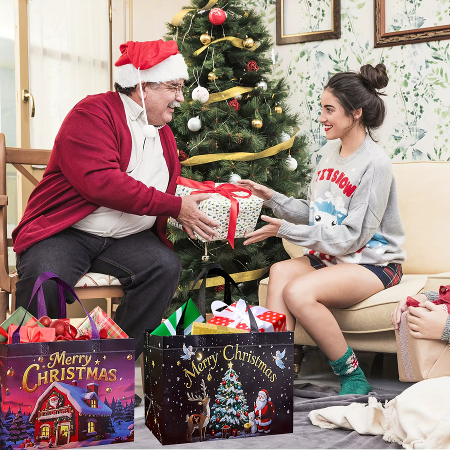 16 wiederverwendbare Weihnachtsgeschenktüten aus Papier mit Griffen in Multicolour, Designs mit Weihnachtsmann, Schneemann und Weihnachtsbaum für deine Weihnachtsfeiern - Bild 4