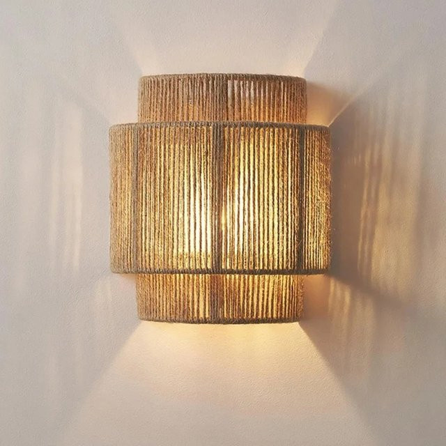 JOYINLED Art Deco Wandleuchte aus Rattan und Holz in Beige mit E27 Fassung - Bild 1
