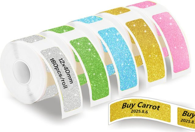 5 Rollen glitzernde Etikettenaufkleber von OBESTDA, wasserfestes selbstklebendes Thermopapier, B: 12 mm, H: 40 mm, Multicolour, passend für Marklife P15 P12 P11 D30 Q30S Etikettendrucker - Bild 1
