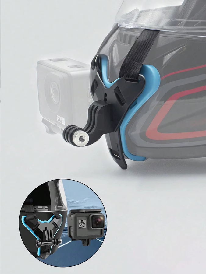 Universelle Kinnhalterung für Motorradhelme mit integrierter Action-Kamera-Halterung und Schnellverschluss in Schwarz oder Blau - Bild 2