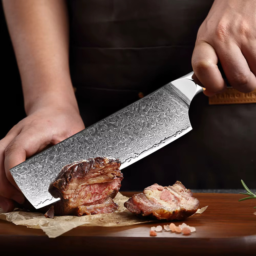 Xituo Nakiri Kochmesser aus Damast-Edelstahl VG10 mit ergonomischem Holzgriff, Silber/Weiß, Länge: 17,78 cm - Bild 6