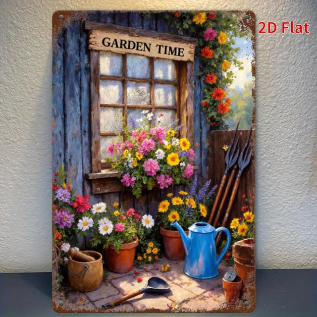 Garden Time Vintage Metall-Blechschild mit Blumenmuster und Grafik in Mehrfarben zur Wanddekoration für Garten und Terrasse - Bild 1