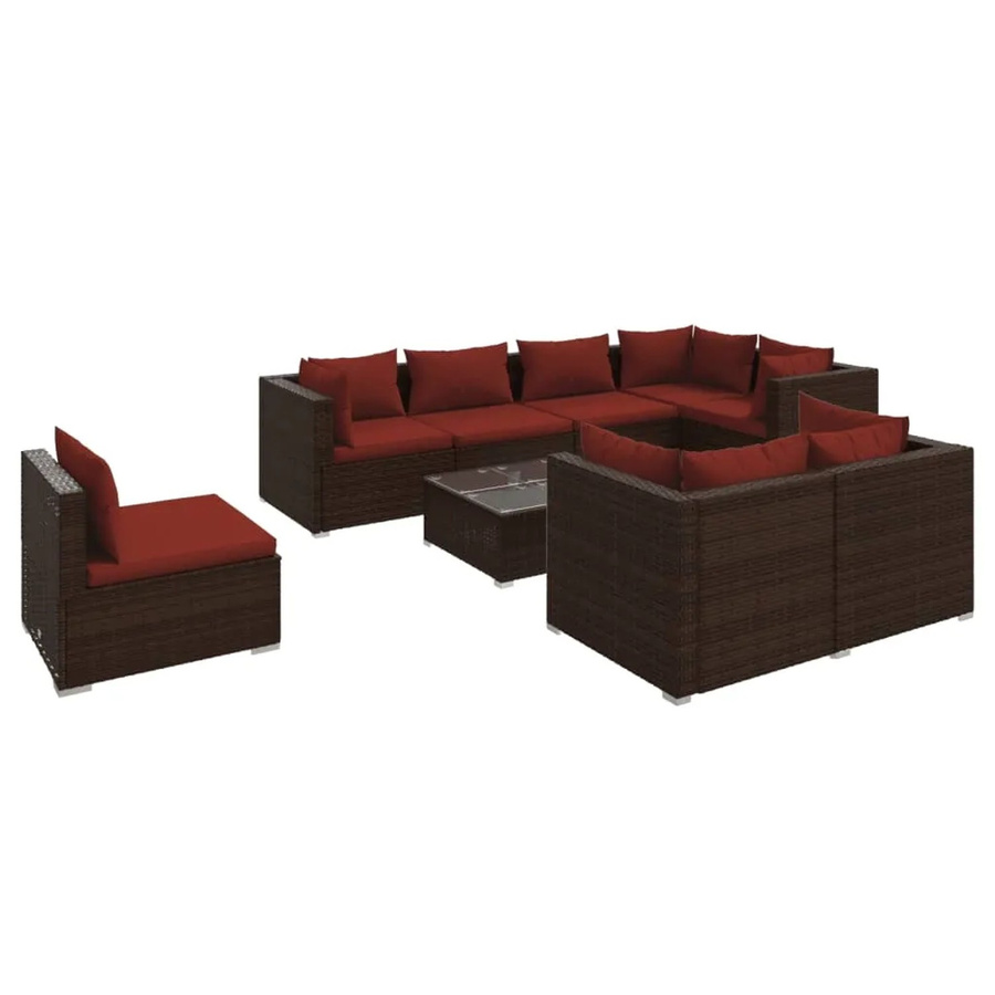 vidaXL 9-tlg. Garten-Lounge-Set in U-Form aus braunem Poly-Rattan mit Kissen und Glastisch - Bild 2