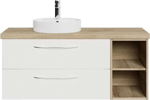 Pelipal Waschtischlösung Serie 4035 Riviera Eiche und Weiß Glanz mit rundem Keramik-Aufsatzbecken und Unterschrank mit offenem Fach - Bild 1