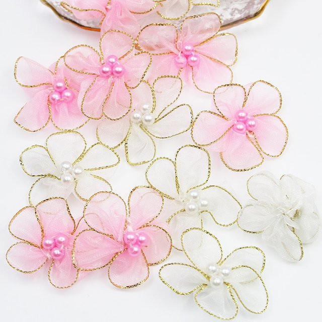 RIBBON HOUSE Handgemachte Fünfblättrige Perlenblume mit Goldrand aus Schneegaze, 30 Stück, Durchmesser: 3,5 cm, Farben: Gold, Weiß, Pink - Bild 1