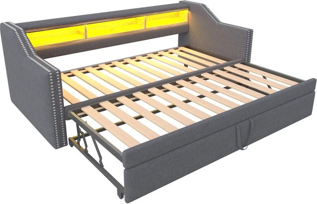 Merax Schlafsofa in Dunkelgrau mit LED-Unterbettbeleuchtung, USB-Anschluss und Stauraum, B/T/H: 90 x 190 x 76,6 cm - Bild 1