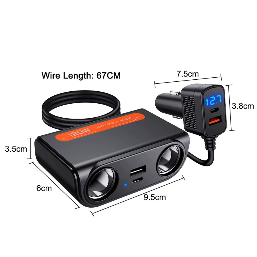 7-in-1 Autoladegerät Adapter mit PD USB-C Schnellladung und LED-Voltmeter in Schwarz - Bild 6