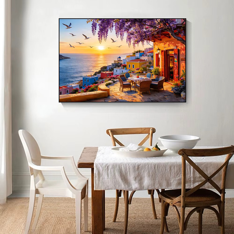Huacan Rundes Diamantgemälde Landschaft Sonnenuntergang am Mittelmeer, Dekorative Diamantmosaik Wandkunst, B/H: 30 x 30 cm - Bild 3