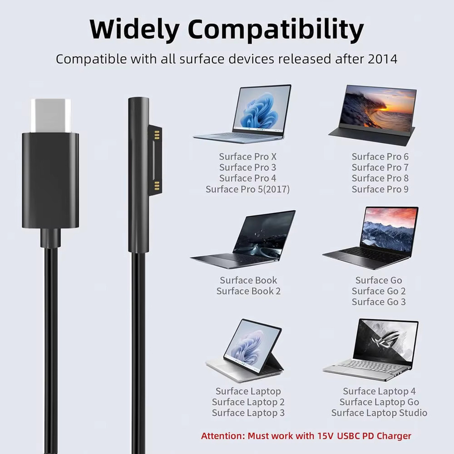 USB-C Schnellladeadapterkabel für Microsoft Surface Pro 8 7 3 4 5 6 Tablet mit 15 V 3 A PD Unterstützung - Bild 3