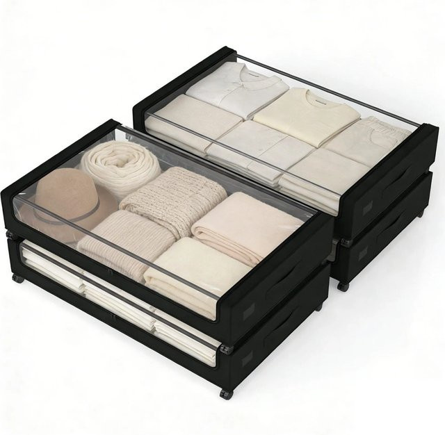 Sekey Unterbettkommode mit Deckel und Rollen, 4er Set Aufbewahrungsboxen aus Stoff und Metall, Transparent/Schwarz, B: 78,0 cm, T: 44,0 cm, H: 18,0 cm - Bild 1