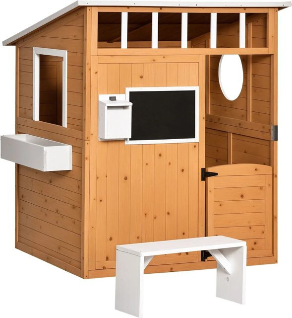Outsunny Kinderspielhaus aus Tannenholz in Natur/Braun mit Fenster und Briefkasten - Bild 1