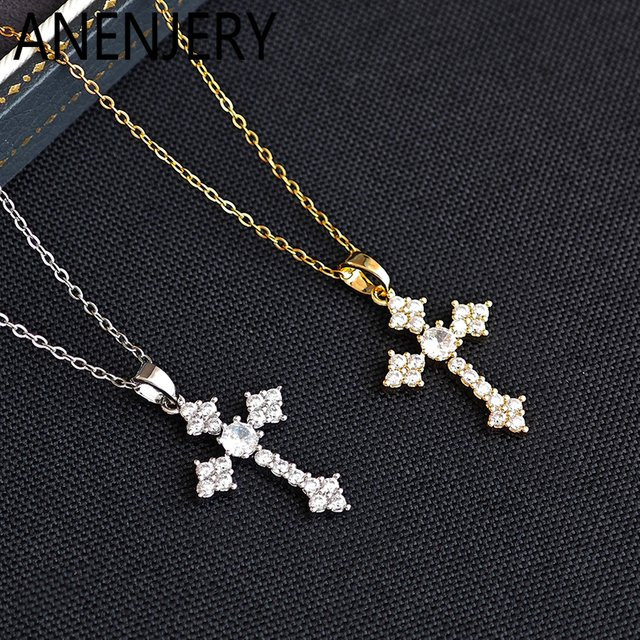 ANENJERY Halskette mit Kreuz Anhänger, Edelstahl, Zirkonia, Unisex - Bild 1