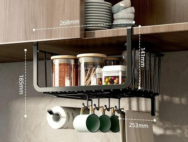 QIANBAIDI Hängekorb aus Metall in Schwarz, stapelbarer Regalkorb als platzsparender Organizer für Schrank und Speisekammer, B: 26,8 cm, H: 18,5 cm - Bild 1