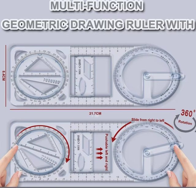 Rotierendes Multifunktions-Geometrie-Lineal als Winkelmesser und Lernmesswerkzeug in transparentem Design für Schule und Büro - Bild 1