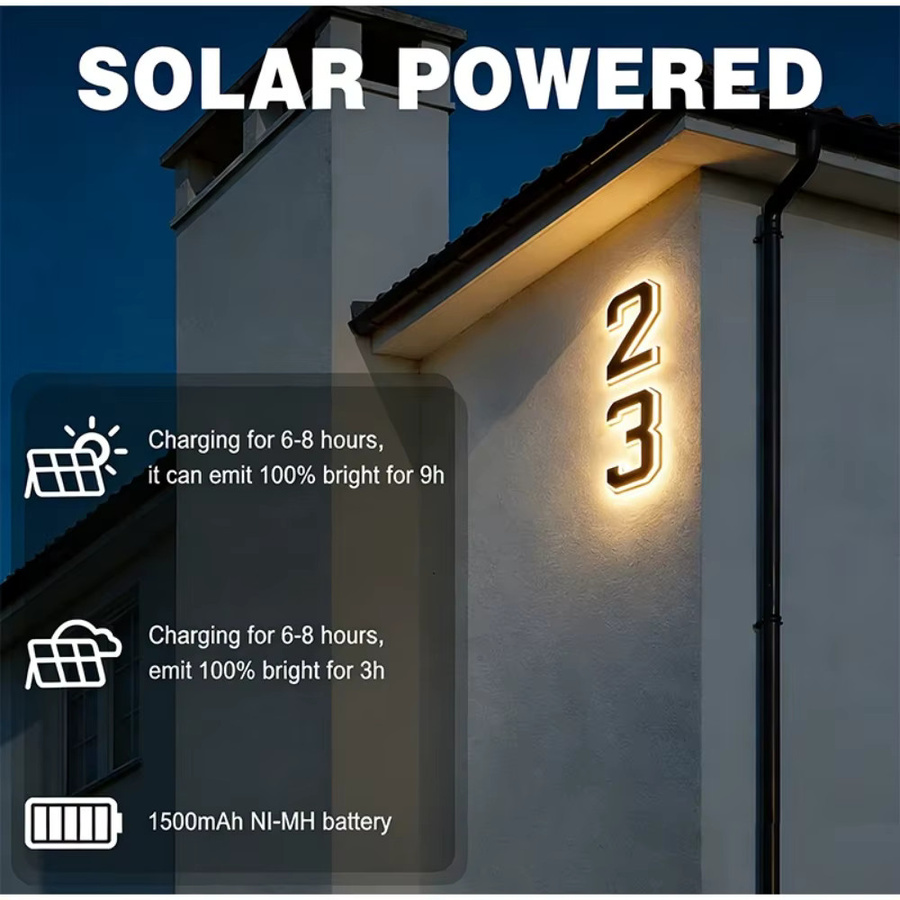 Moderne LED-Solar-Hausnummernleuchte in Schwarz mit warmweißem Licht und integriertem Dämmerungssensor für Außenbereich, Garten und Wanddekoration - Bild 2