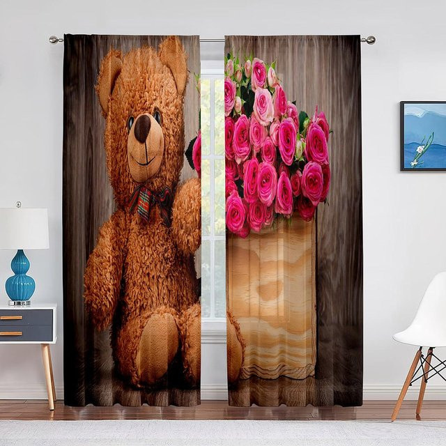 Transparenter Tüllvorhang mit Teddybär und Liebesherzen, Chiffon-Fenstervoile für Wohnzimmer und Schlafzimmer, B: 100 cm, H: 250 cm - Bild 1