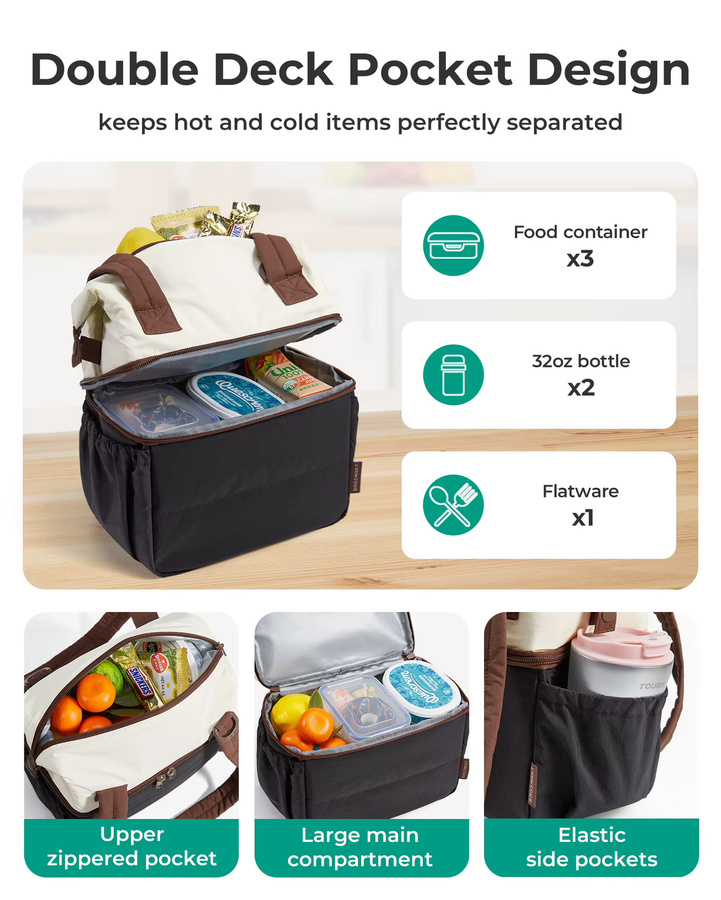 BAGSMART Isolierte Lunchtasche mit Schultergurt, tragbare Thermo-Kühltasche für Büro und Schule, Schwarz/Weiß - Bild 4