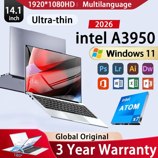 FUCHU Laptop 14,1 Zoll mit Intel Atom A3950, 12GB RAM, 1TB SSD, Windows 11, Full HD Display, Silber - Bild 1