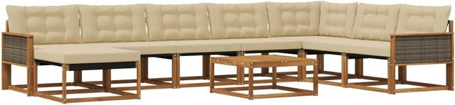 vidaXL Outdoor-Sofagarnitur aus Akazienholz in Natur und Beige, 9-teiliges L-Shape Set mit Textilene-Bezug und abnehmbaren Kissen - Bild 1