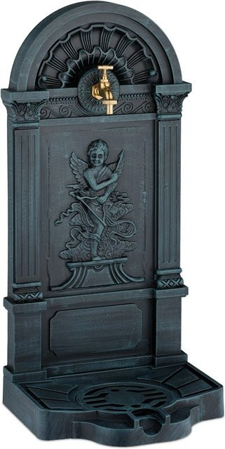 Relaxdays Standbrunnen aus Aluminiumguss in Messing-Optik Grau mit Wasserhahn und Becken, H x B x T: 83 x 39 x 33 cm - Bild 1