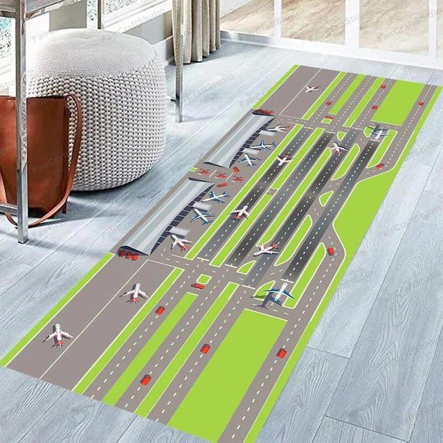 Lodestar Teppich mit Flugzeug-Landebahn Motiv in Grün, Waschbarer Spielteppich für Kinderzimmer und Wohnzimmer, B/T: 120 x 40 cm - Bild 1