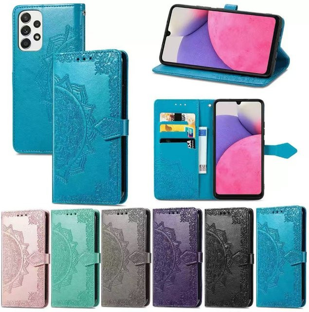Geprägte Leder-Flip-Hülle für Samsung Galaxy S26 S25 S24 S23 S22 S21 Note20 Ultra Plus FE Kartenetui mit Handschlaufe in Grau - Bild 1