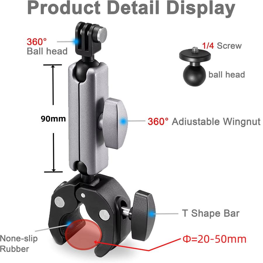 VeFly Metall Lenkerhalterung aus Legierung für Motorrad und Fahrrad mit 360 Grad Drehung kompatibel mit GoPro Hero 13 12 11 10 Insta360 und DJI Osmo Action Kameras - Bild 2