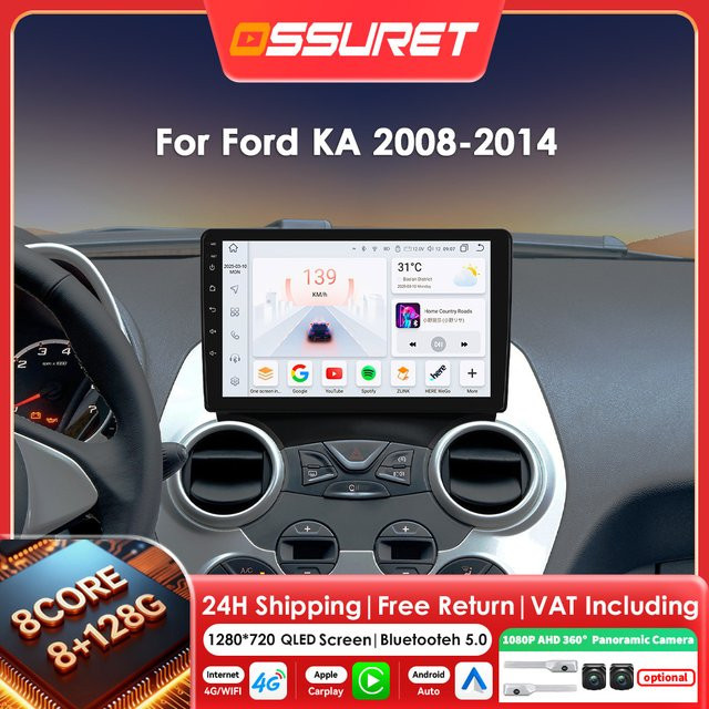 OSSURET Android 14 Autoradio für Ford KA 2008 bis 2014 mit 8-Kern Prozessor, Multimedia-Player inklusive Carplay, Android Auto, GPS und 360 Kamera Unterstützung, Schwarz - Bild 1
