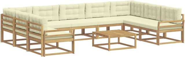 vidaXL Outdoor-Sofagarnitur aus massivem Akazienholz mit 10 Kissen in Weiß und Beige - Bild 1