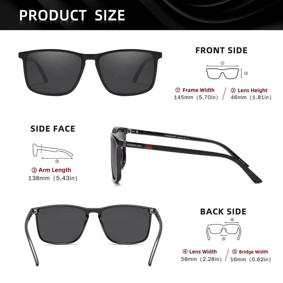 KINGSEVEN Sonnenbrille, Rechteck, Vollrand, TR90, Schwarz, Unisex, polarisiert - Bild 4