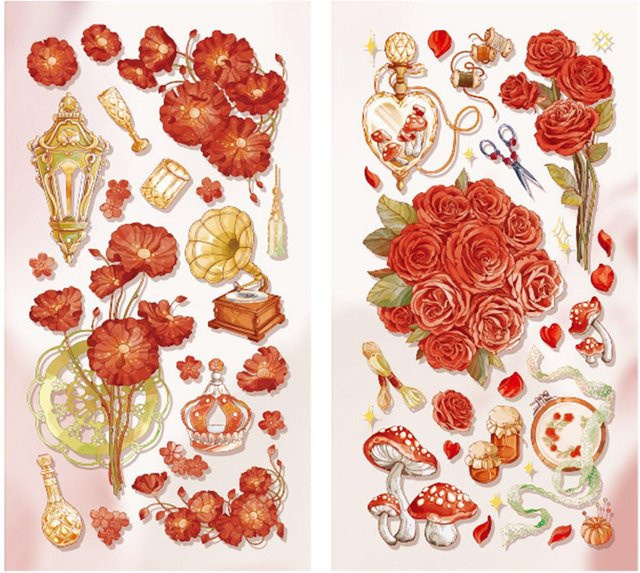 2 Stück OutsideWorld Vintage Scrapbook Aufkleber mit Blumen-Motiv in Gold und Rot aus Papier - Bild 1