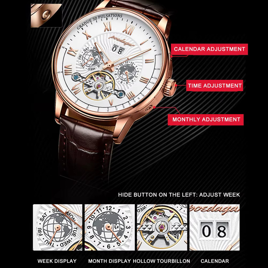 POEDAGAR Armbanduhr, Automatik, Leder, Roségold, Herren - Bild 5