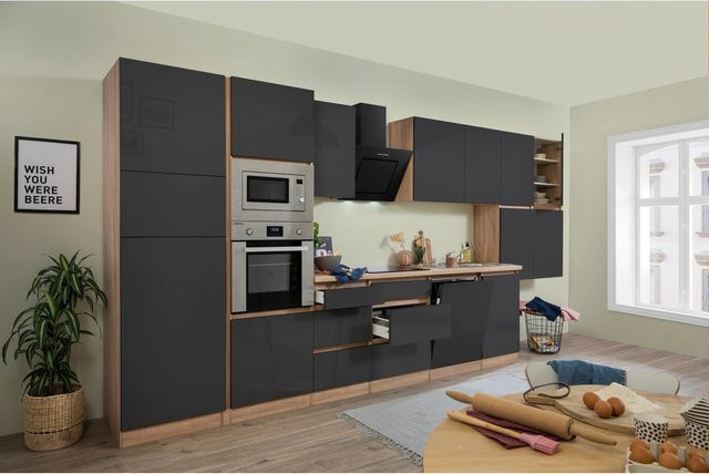 Respekta Premium Küchenzeile grau hochglänzend Eiche Sonoma B/H/T: 445 x 220,5 x 60 cm - Bild 1