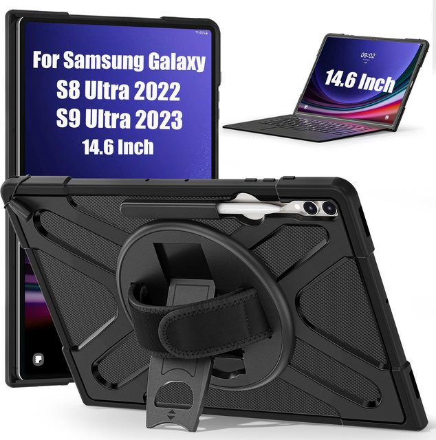 Stoßfeste Tablet-Hülle für Samsung Galaxy Tab S8 S9 S10 S11 Ultra 14,6 Zoll mit drehbarem Handgriff-Ständer in Schwarz - Bild 1