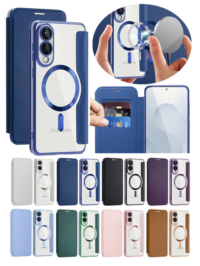 Magnetisches Flip Case für Samsung Galaxy S25 Ultra Edge, S24 Plus FE, S23 und S22 in Grün mit Kartenhalter und kabelloser Ladefunktion - Bild 5