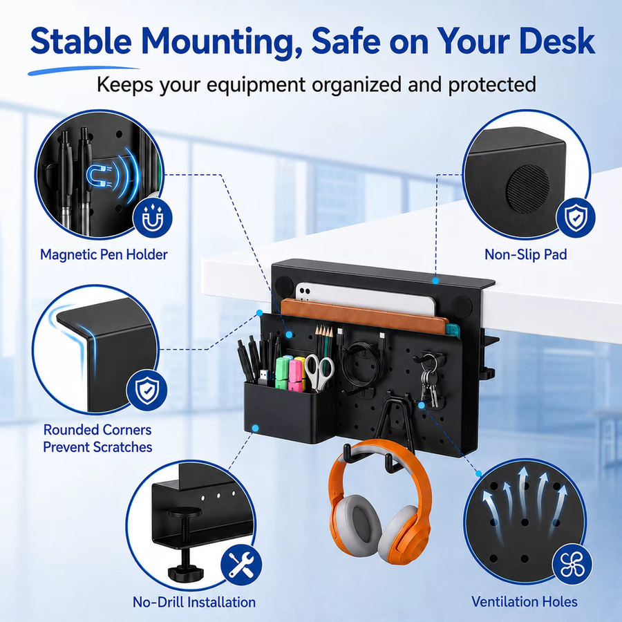 Metall-Pegboard-Organizer für den Schreibtisch in Schwarz mit Kopfhörerhalter und Kabelmanagement zur Aufbewahrung von Bürobedarf, Laptop, Tablet und Telefon - Bild 5