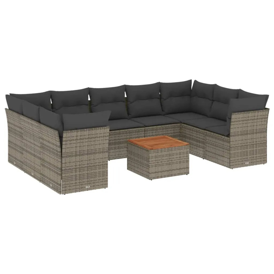 vidaXL 10-tlg Garten-Sofagarnitur aus Poly Rattan und Akazienholz in Grau mit Kissen - Bild 2
