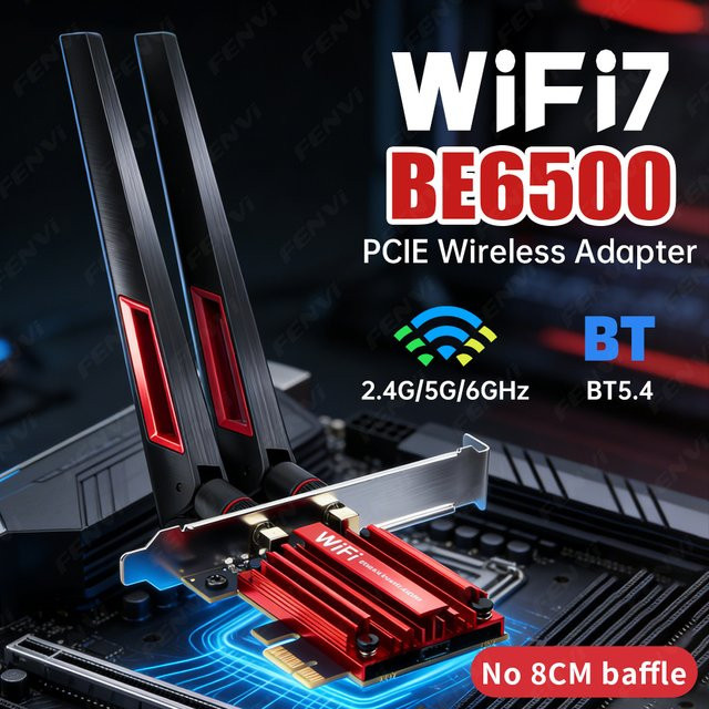 Fenvi WiFi 7 BE6500 PCIe Netzwerkadapter mit Bluetooth 5.4, Tri-Band 6500Mbps (2.4GHz/5GHz/6GHz), kompatibel mit AMD PC und Windows 10/11 - Bild 1