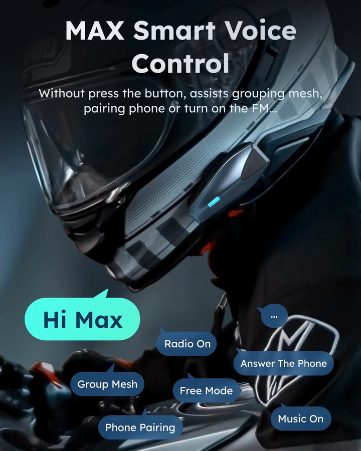 ASMAX Blue S1 Motorrad-Gegensprechanlage mit Mesh-Gruppenkommunikation und Sprachsteuerung, Bluetooth-Headset für Helm, Schneemobil, Ski und ATV, Farbe: Blau/Schwarz - Bild 3