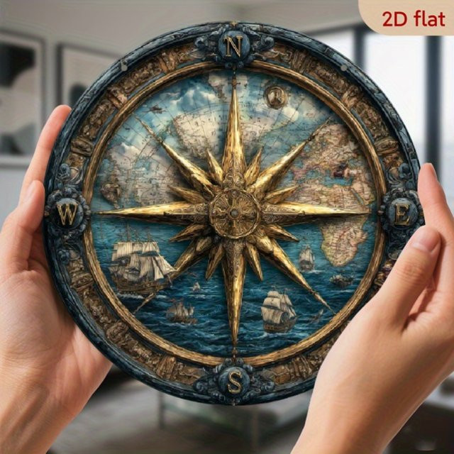 HELLOYOUNG Nautische Kompass Wandkunst aus Metall mit Schiffsrad und Kompass Rose, Rund, Mehrfarbig, Durchmesser: 20,3 cm - Bild 1