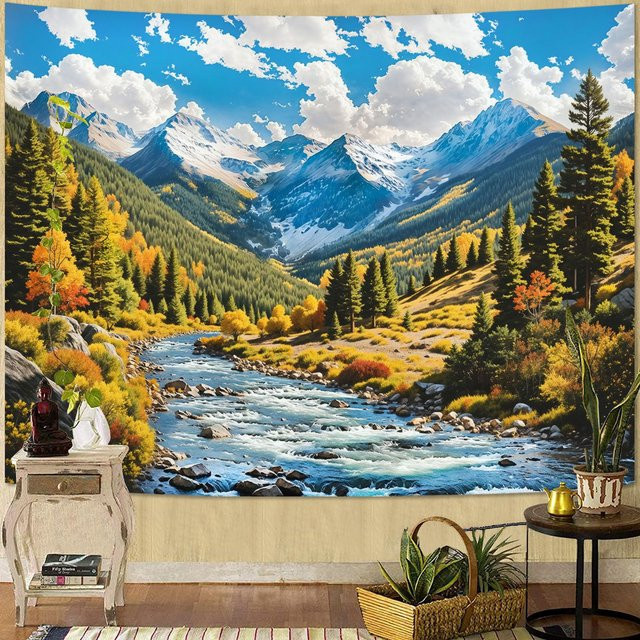 JMG Household Supplies Wandteppich mit Waldweg-Landschaft, Grüner Wald und Blumen, Mehrfarbig, B: 150 cm, H: 130 cm - Bild 1